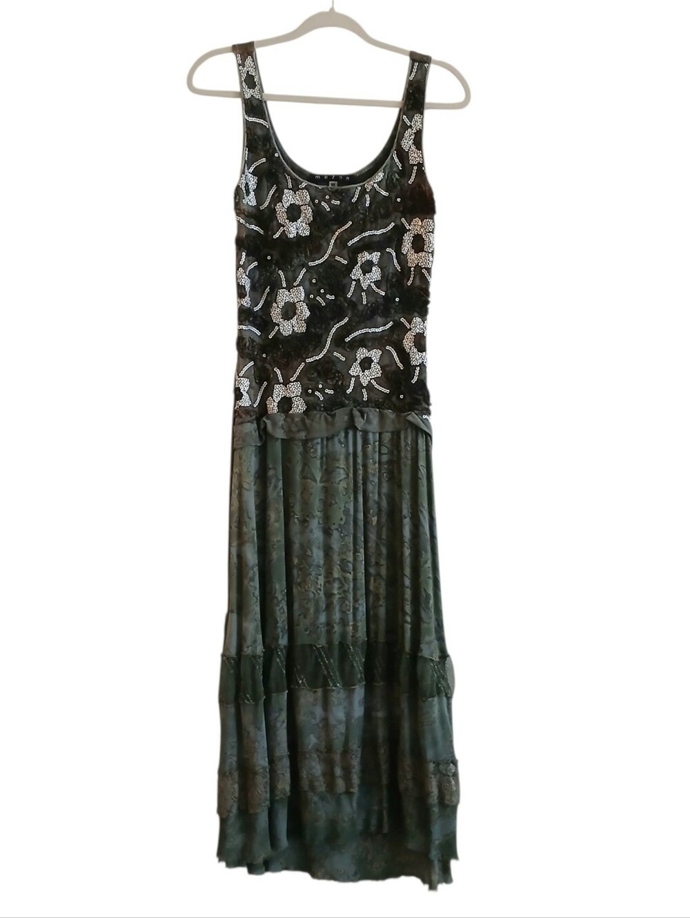 Mezon Grunge Sequin Camo Mixed Media Maxi Dress M Drop Waist Boho Fairy Art